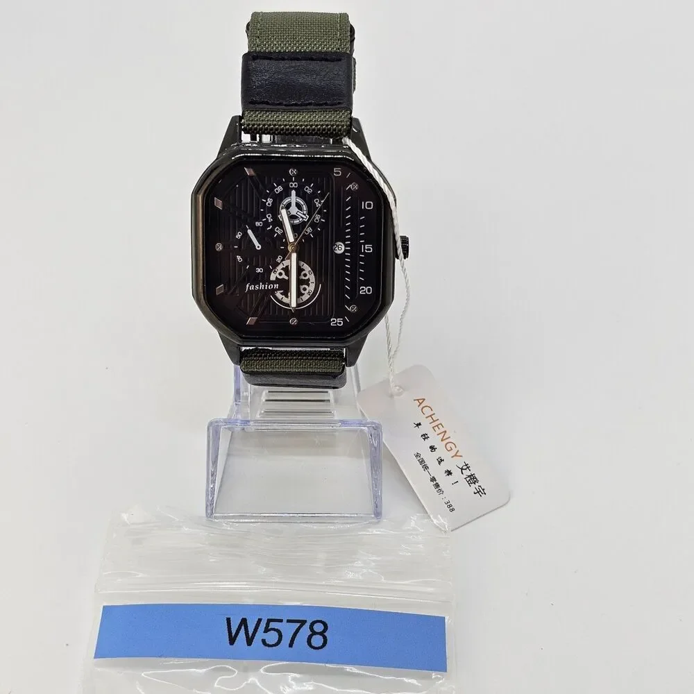 Men's‎ Watch 42MM Case Black Dial Date Indicator Army Green Black Canvas Bands